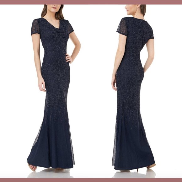 NWT $358 JS Collection Cowl Neck Beaded Mesh‎ Gown in Blue [SZ 10 ] - Picture 1 of 12